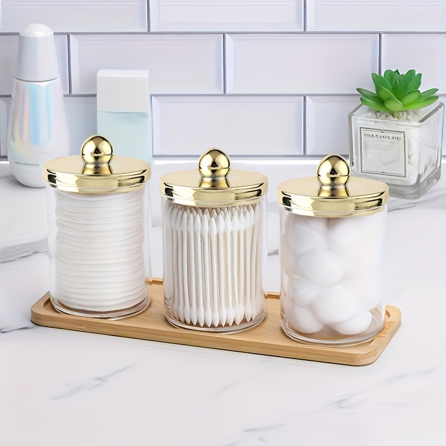 3-Pack Plastic Qtip Apothecary Jars with Lids, 10 Oz Cotton Swab/Ball/Pad Organizer, Clear Bathroom Canister Set with Vanity Tray, Golden Lids Dispenser for Storage