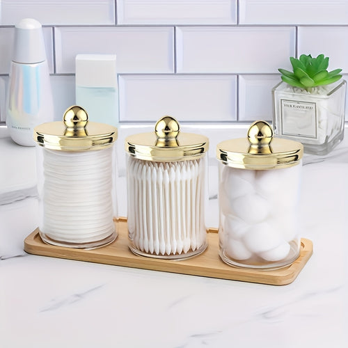 3-Pack Plastic Qtip Apothecary Jars with Lids, 10 Oz Cotton Swab/Ball/Pad Organizer, Clear Bathroom Canister Set with Vanity Tray, Golden Lids Dispenser for Storage