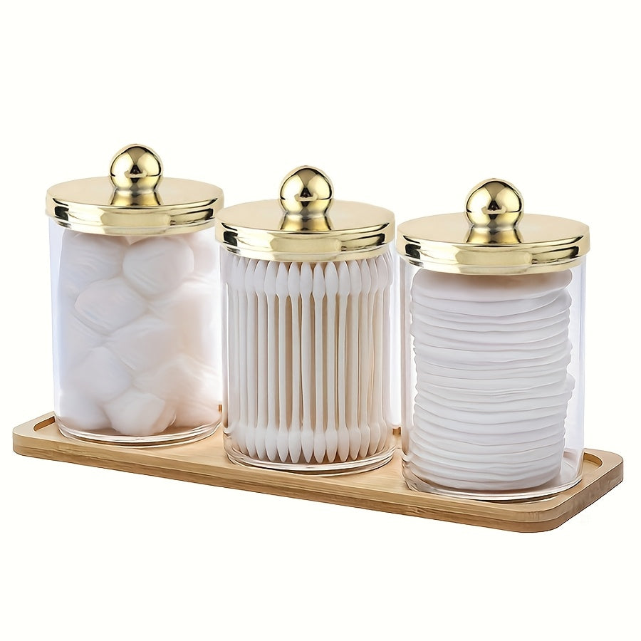 3-Pack Plastic Qtip Apothecary Jars with Lids, 10 Oz Cotton Swab/Ball/Pad Organizer, Clear Bathroom Canister Set with Vanity Tray, Golden Lids Dispenser for Storage