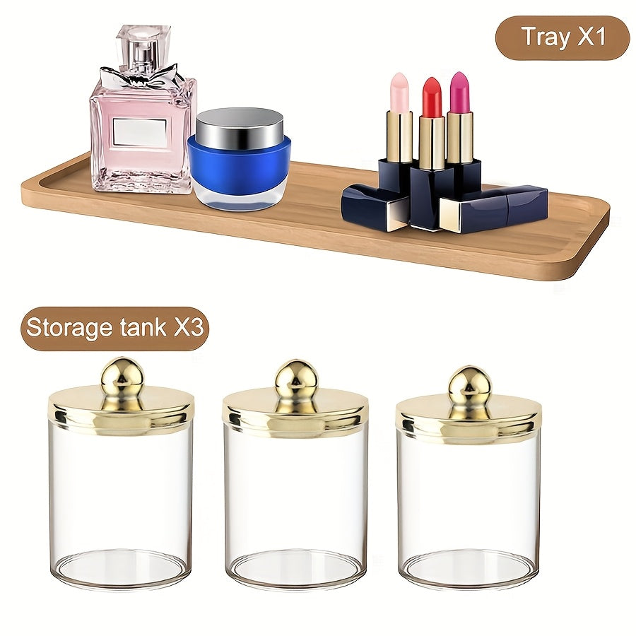 3-Pack Plastic Qtip Apothecary Jars with Lids, 10 Oz Cotton Swab/Ball/Pad Organizer, Clear Bathroom Canister Set with Vanity Tray, Golden Lids Dispenser for Storage