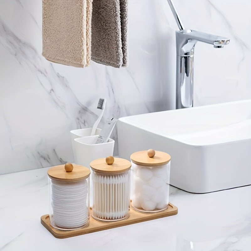 1pc/3pcs 10oz Swab/Ball/Pad Holder with Vanity Tray, Qtip Apothecary Jar, Clear Bathroom Containers Dispenser for Storage with 3 Pack Lids, Canisters