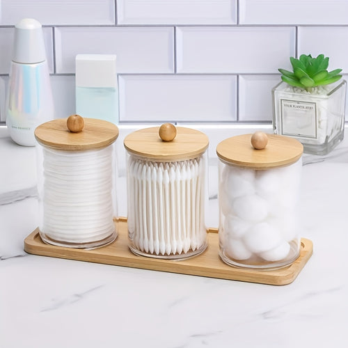 1pc/3pcs 10oz Swab/Ball/Pad Holder with Vanity Tray, Qtip Apothecary Jar, Clear Bathroom Containers Dispenser for Storage with 3 Pack Lids, Canisters