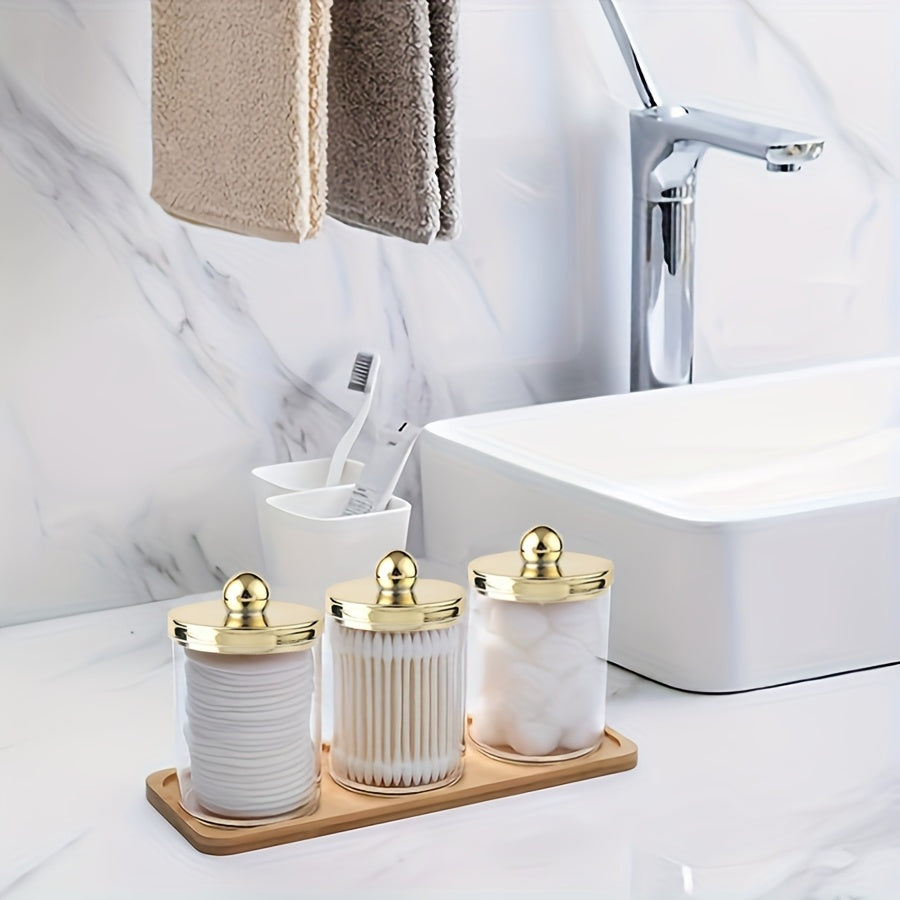 3-Pack Plastic Qtip Apothecary Jars with Lids, 10 Oz Cotton Swab/Ball/Pad Organizer, Clear Bathroom Canister Set with Vanity Tray, Golden Lids Dispenser for Storage