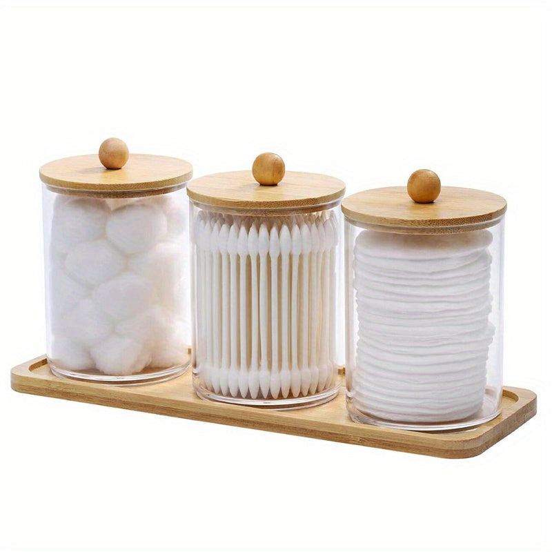1pc/3pcs 10oz Swab/Ball/Pad Holder with Vanity Tray, Qtip Apothecary Jar, Clear Bathroom Containers Dispenser for Storage with 3 Pack Lids, Canisters